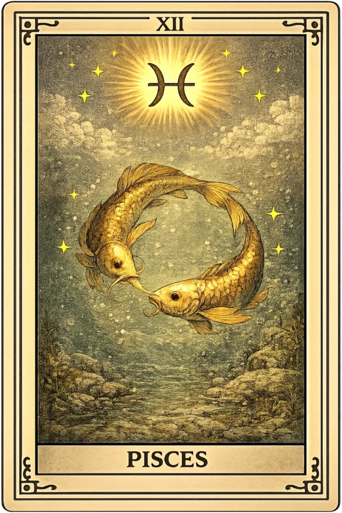 Pisces tarot card featuring two fish swimming in a circular pattern beneath the Pisces symbol, representing intuition, compassion, imagination, spiritual connection, and emotional balance.