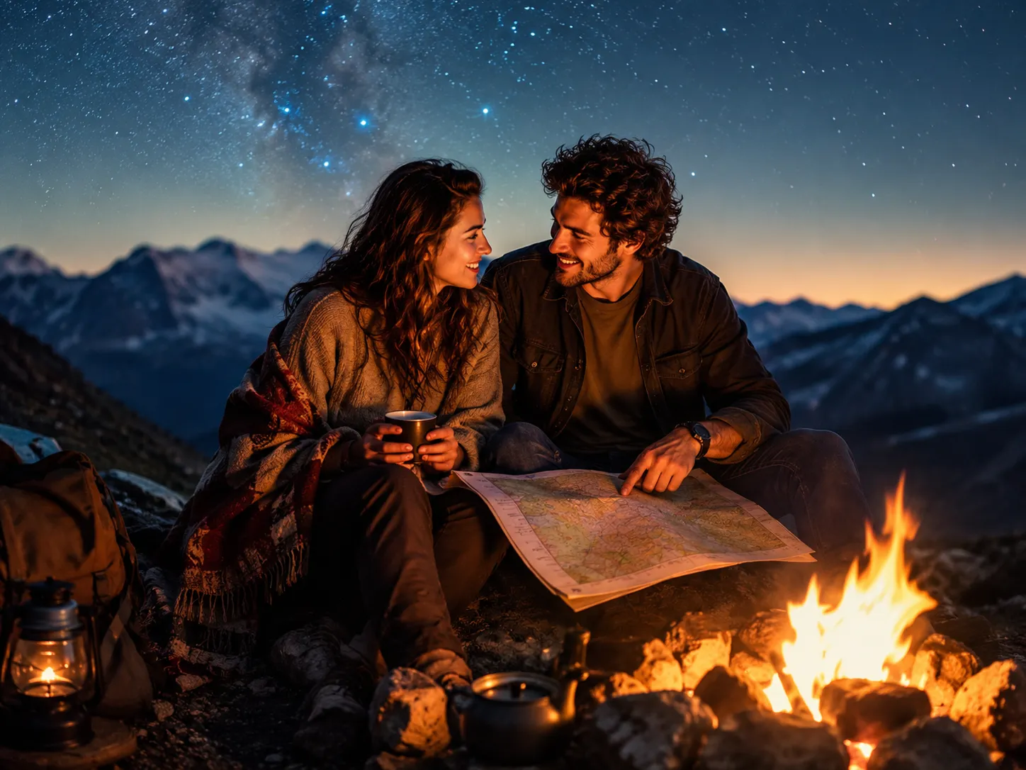 Romantic couple planning future adventures together beneath a star-filled sky, symbolizing Sagittarius compatibility through freedom, optimism, honesty, and shared exploration.