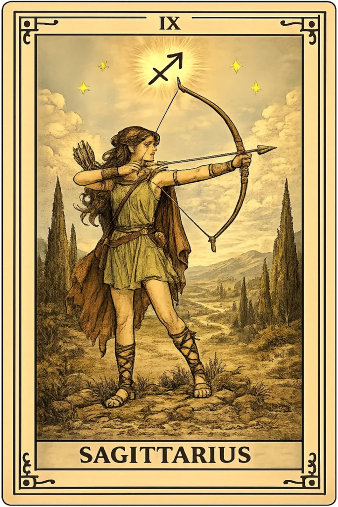 Sagittarius tarot card featuring a female archer symbolizing adventure, optimism, and freedom beneath the Sagittarius zodiac symbol.
