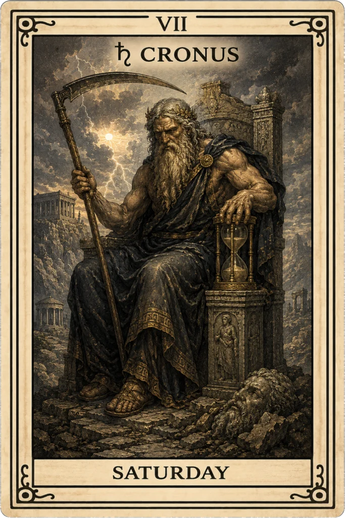 Cronus, the Greek Titan of time, illustrated on a vintage Saturday personality card holding a scythe and hourglass.