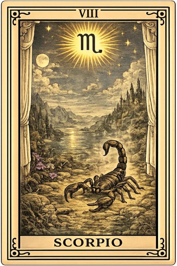 Scorpio tarot card featuring a powerful scorpion beneath the Scorpio zodiac symbol, representing transformation, resilience, passion, and inner strength.