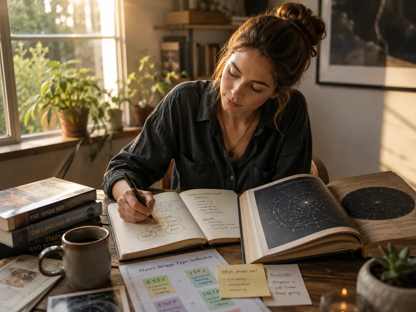 Person reflecting on personality using multiple self-discovery frameworks