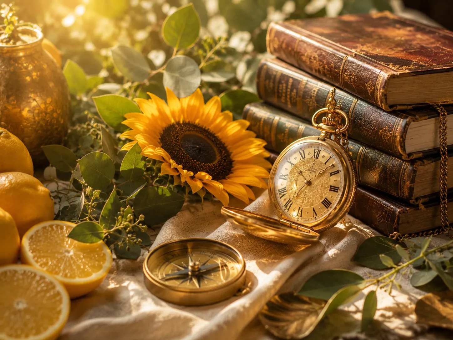 Golden pocket watch, compass, books, sunflowers, and citrus symbolizing the lucky influences of Sunday-born personalities.