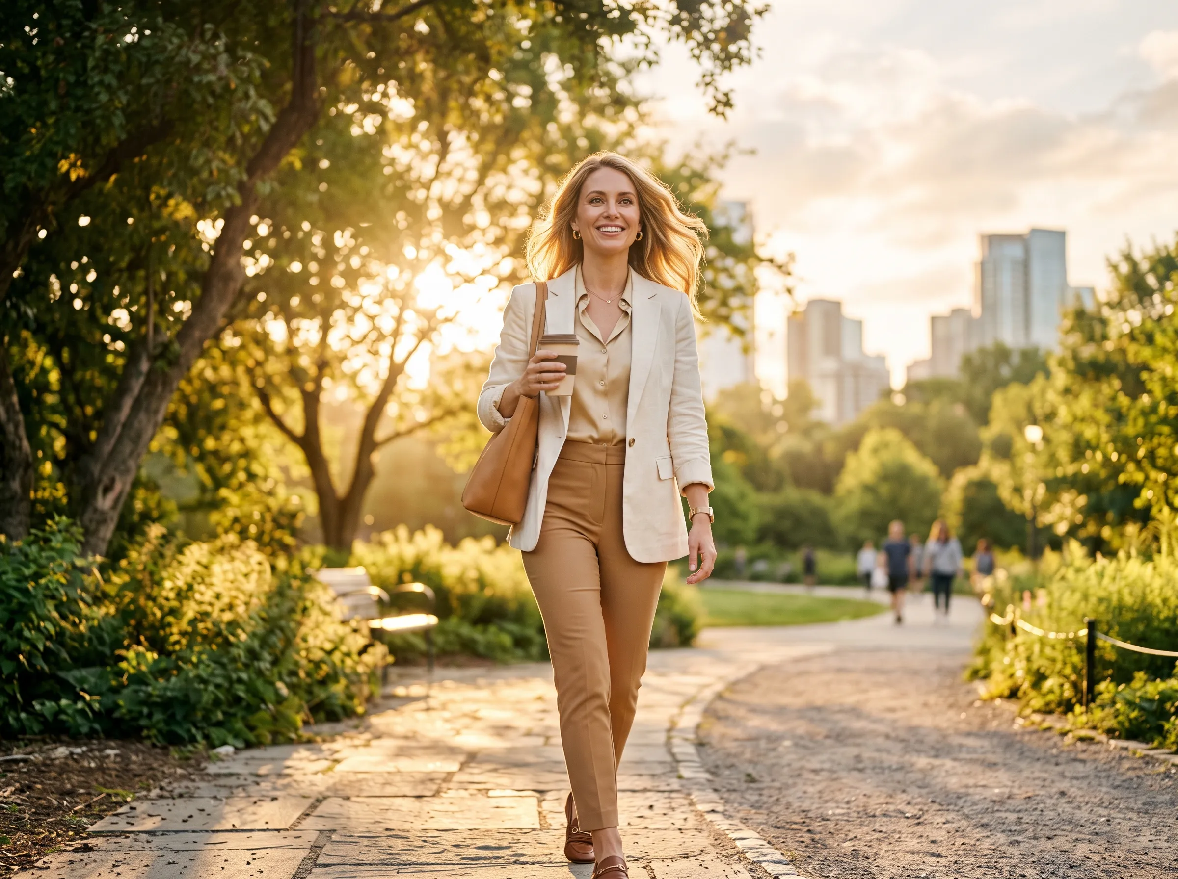 Confident Sunday-born woman walking in morning sunshine with warmth, optimism, and natural leadership.