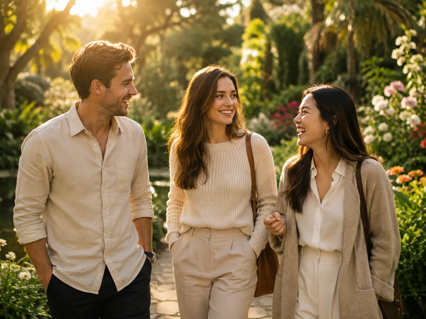 Three close friends enjoying meaningful conversation in a botanical garden, symbolizing Sunday-born loyalty and warmth.