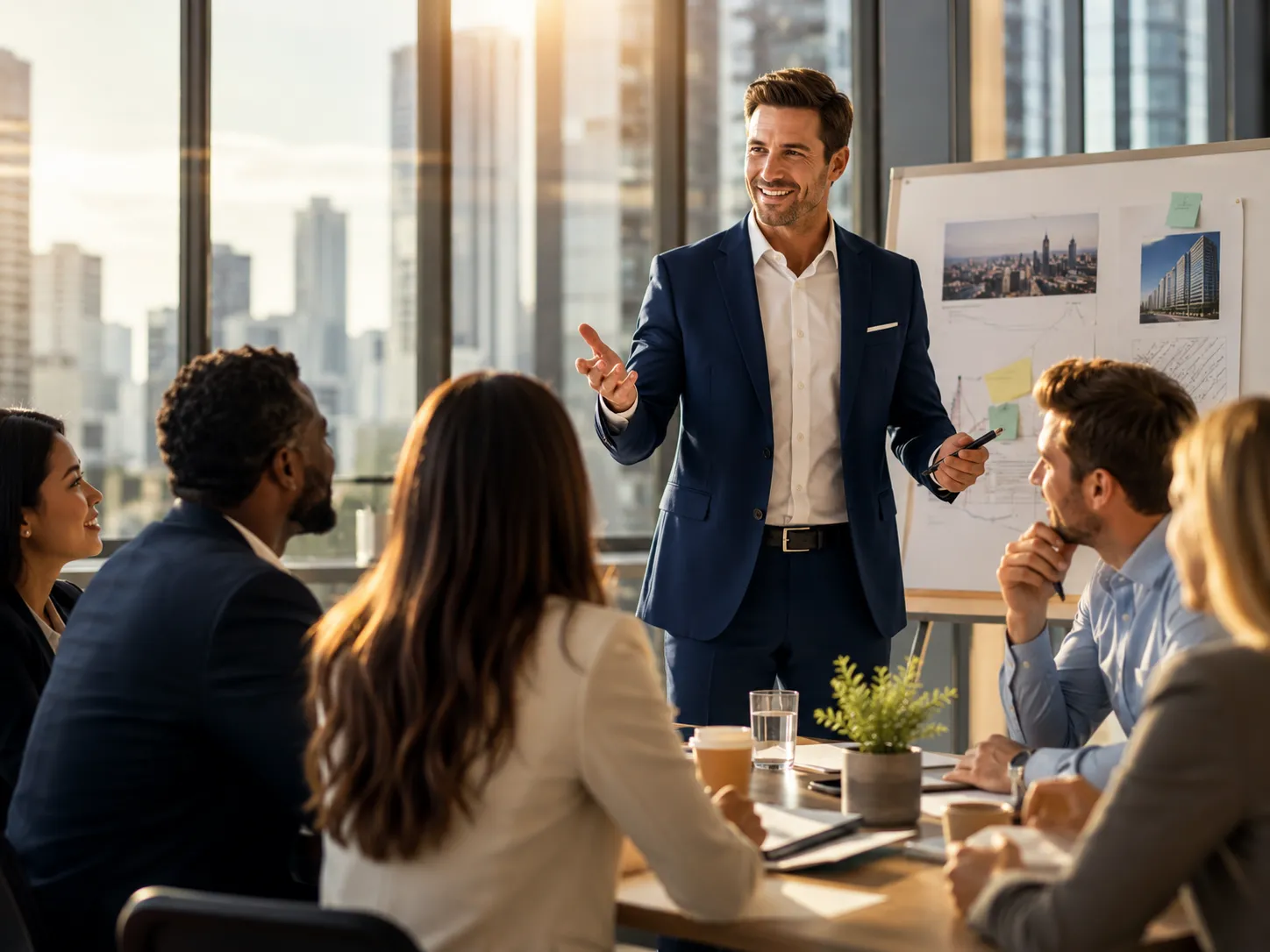 Sunday-born leader guiding a collaborative business meeting with confidence, vision, and emotional intelligence.