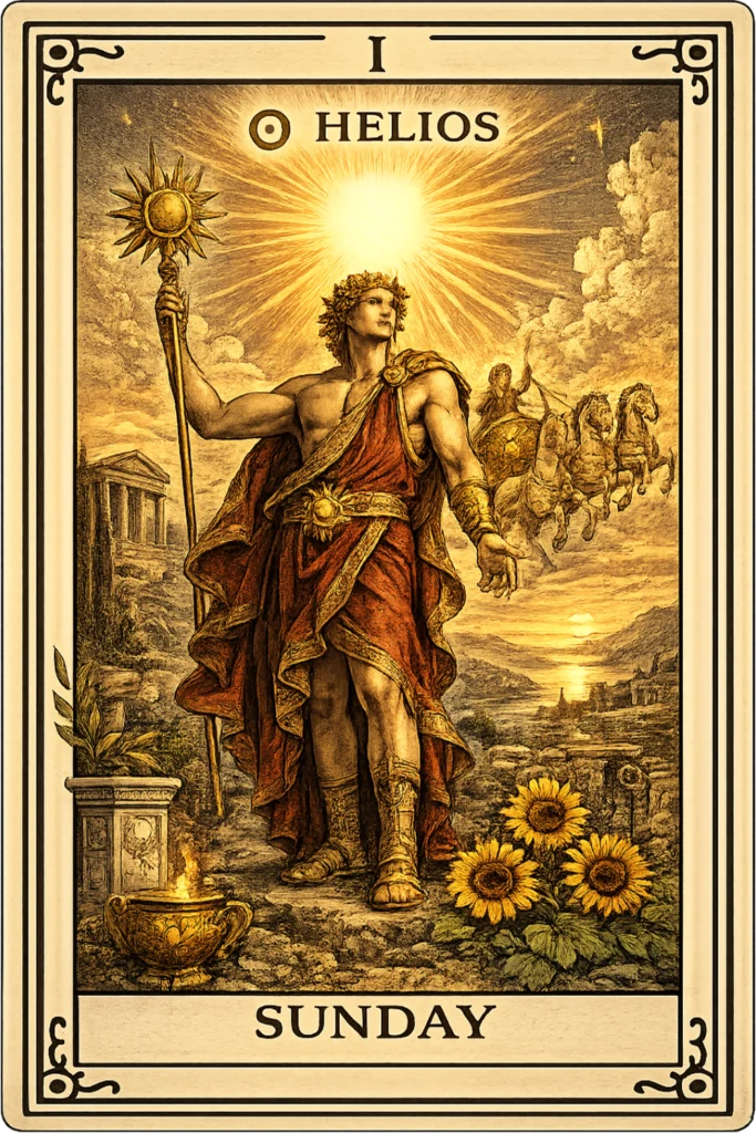 Helios, the Greek sun god, featured on a vintage-style Sunday personality card with radiant solar imagery.