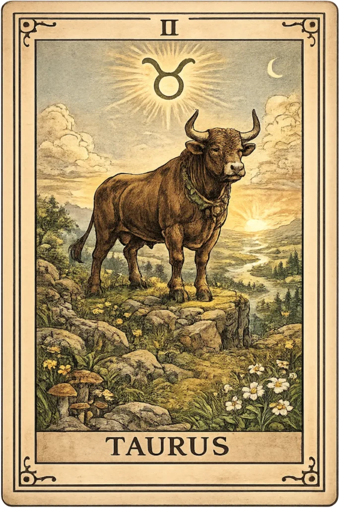 Vintage Taurus tarot card featuring a powerful bull, the Taurus zodiac symbol, and a peaceful countryside landscape.