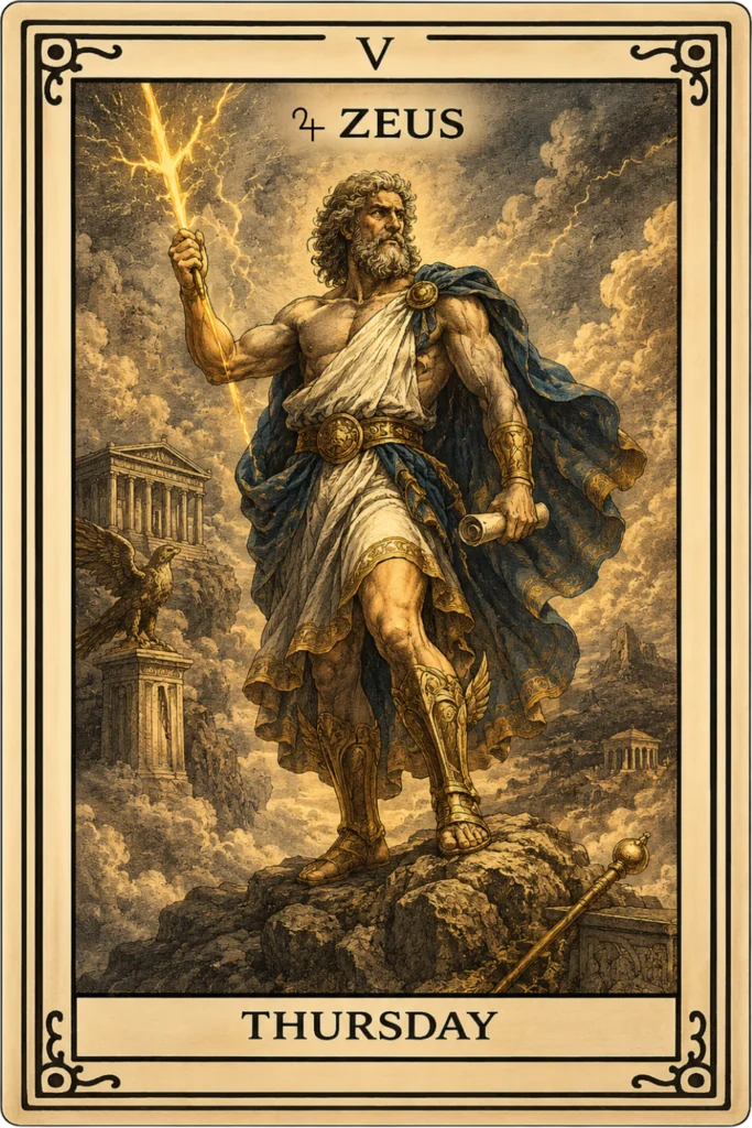 Zeus, the king of the Greek gods, featured on a vintage Thursday personality card wielding a lightning bolt.