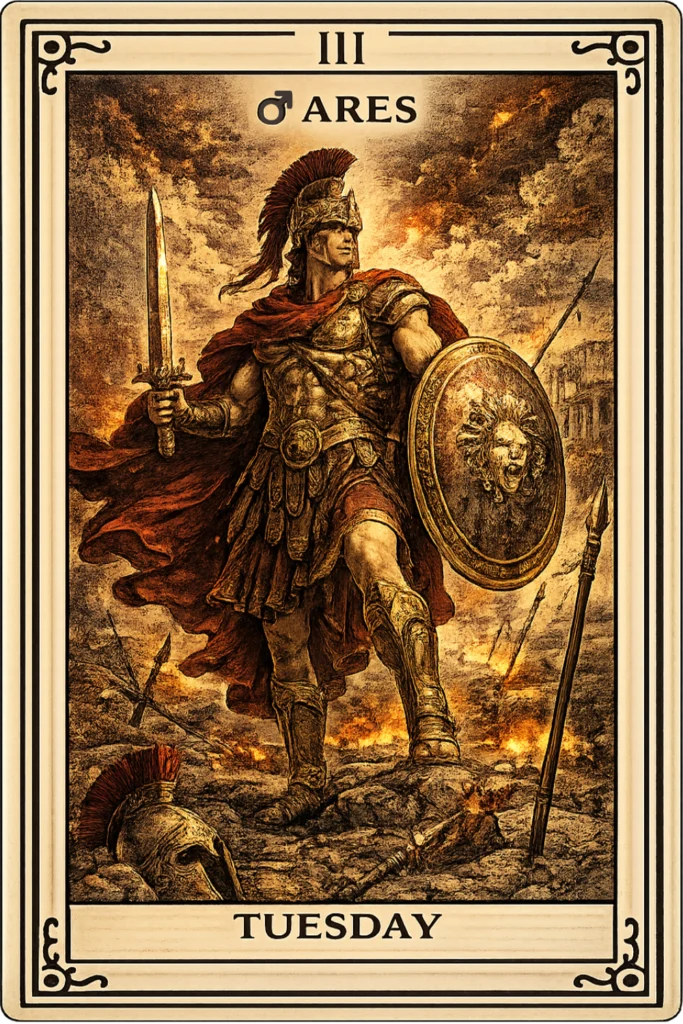 Ares, the Greek god of war, depicted on a vintage Tuesday personality card with armor, sword, and battlefield symbolism.