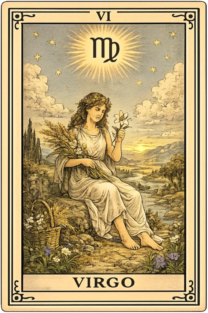Minimalist Virgo tarot card featuring the Maiden holding wheat and a flower beneath the Virgo zodiac symbol, representing wisdom, purity, diligence, and practical service.