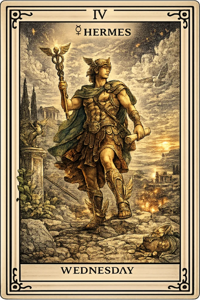 Hermes, the Greek messenger god, portrayed on a classic Wednesday personality card holding the caduceus staff.