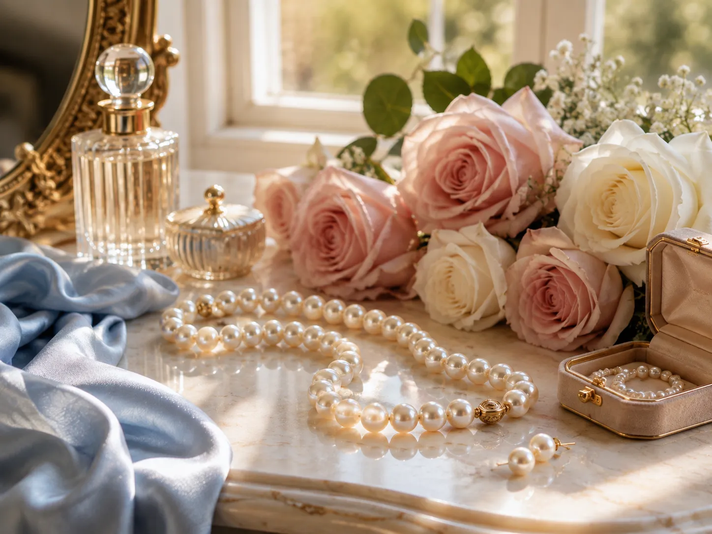 Elegant pearl jewelry with pink and white roses in soft sunlight, symbolizing beauty, harmony, and the Venus influence associated with Friday-born people.