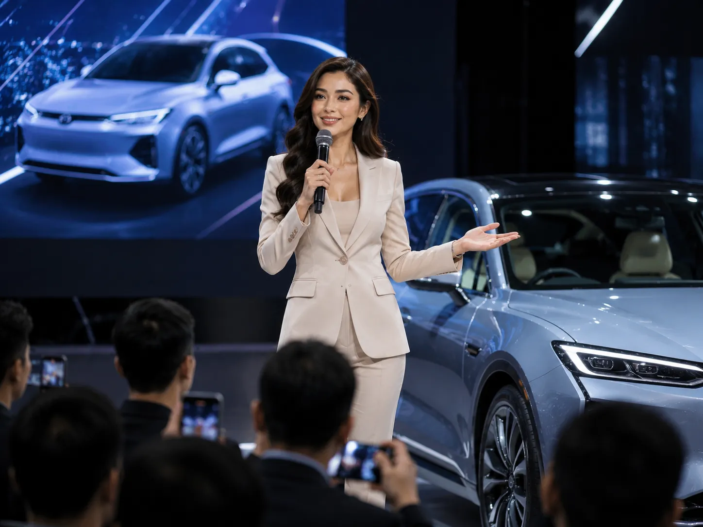 Confident female presenter hosting a luxury car launch, representing the communication skills, charm, and social confidence of Friday-born people.