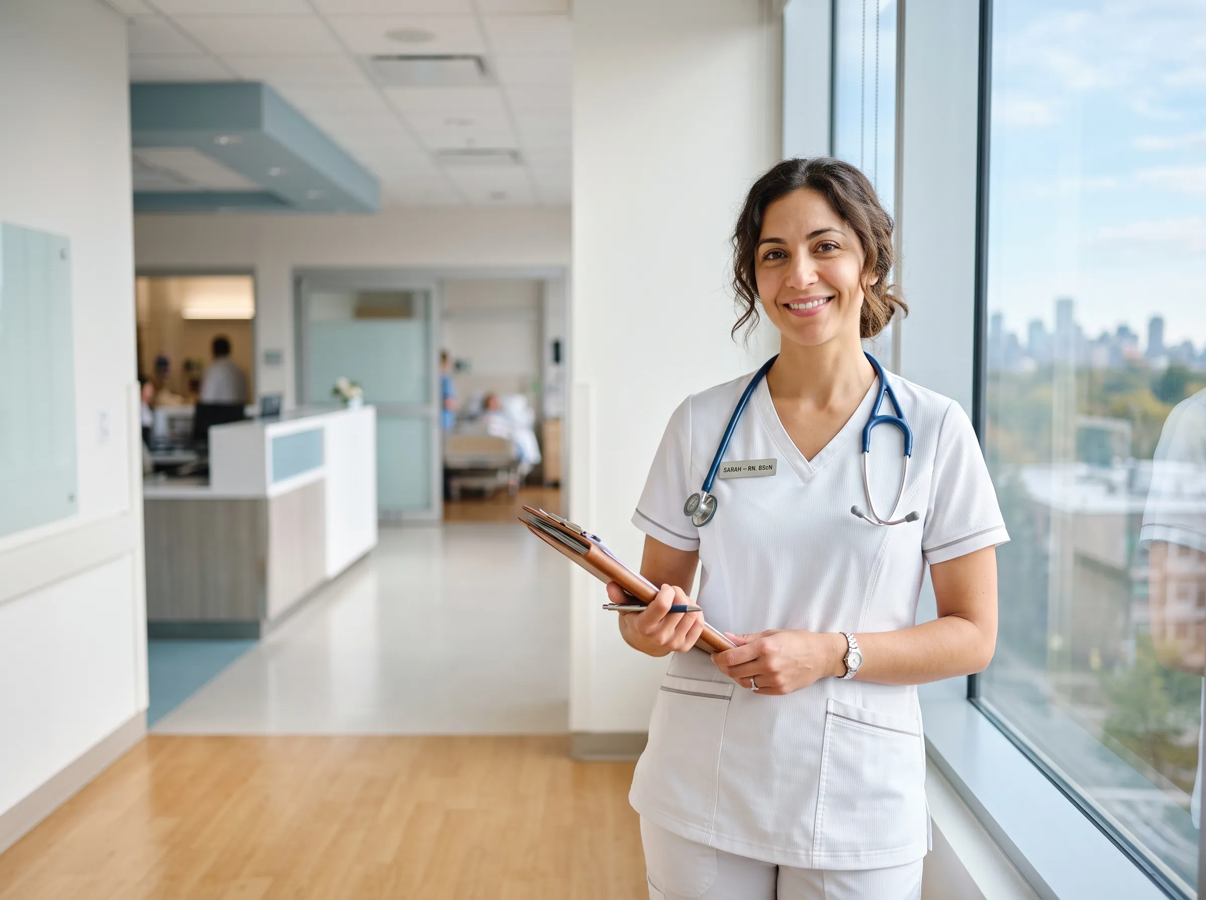 Caring nurse in a bright modern hospital, representing the empathy, compassion, and nurturing career strengths of Monday-born personalities.