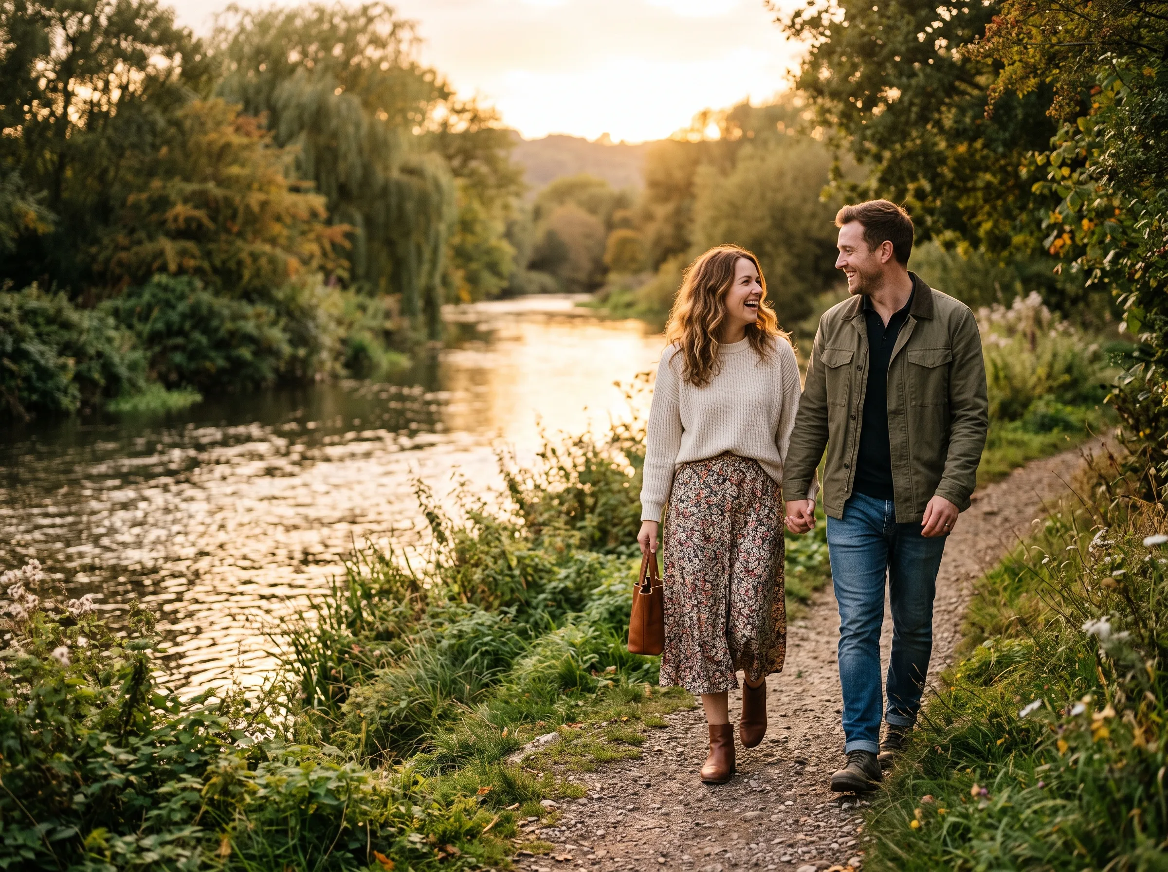 Happy couple walking hand in hand beside a peaceful river, representing emotional security, trust, affection, and compatibility for Monday-born personalities.