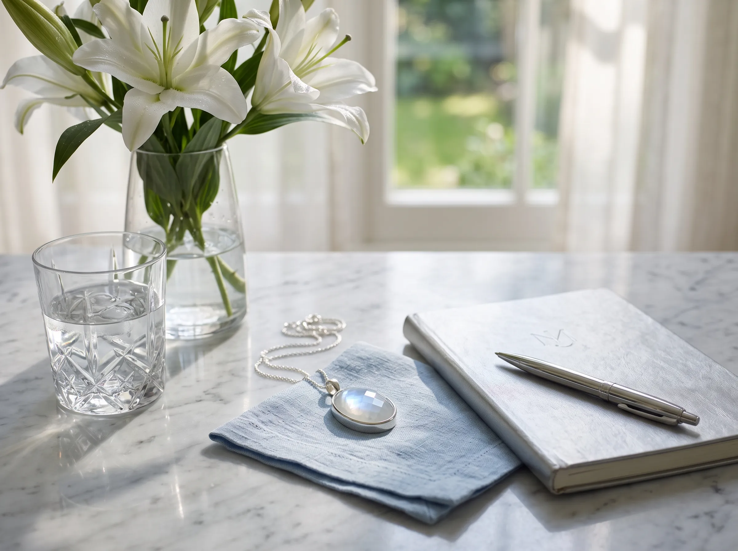Moonstone pendant, white lilies, silver journal, and water arranged in soft natural light, symbolizing the lunar influences and lucky colors of Monday-born personalities.