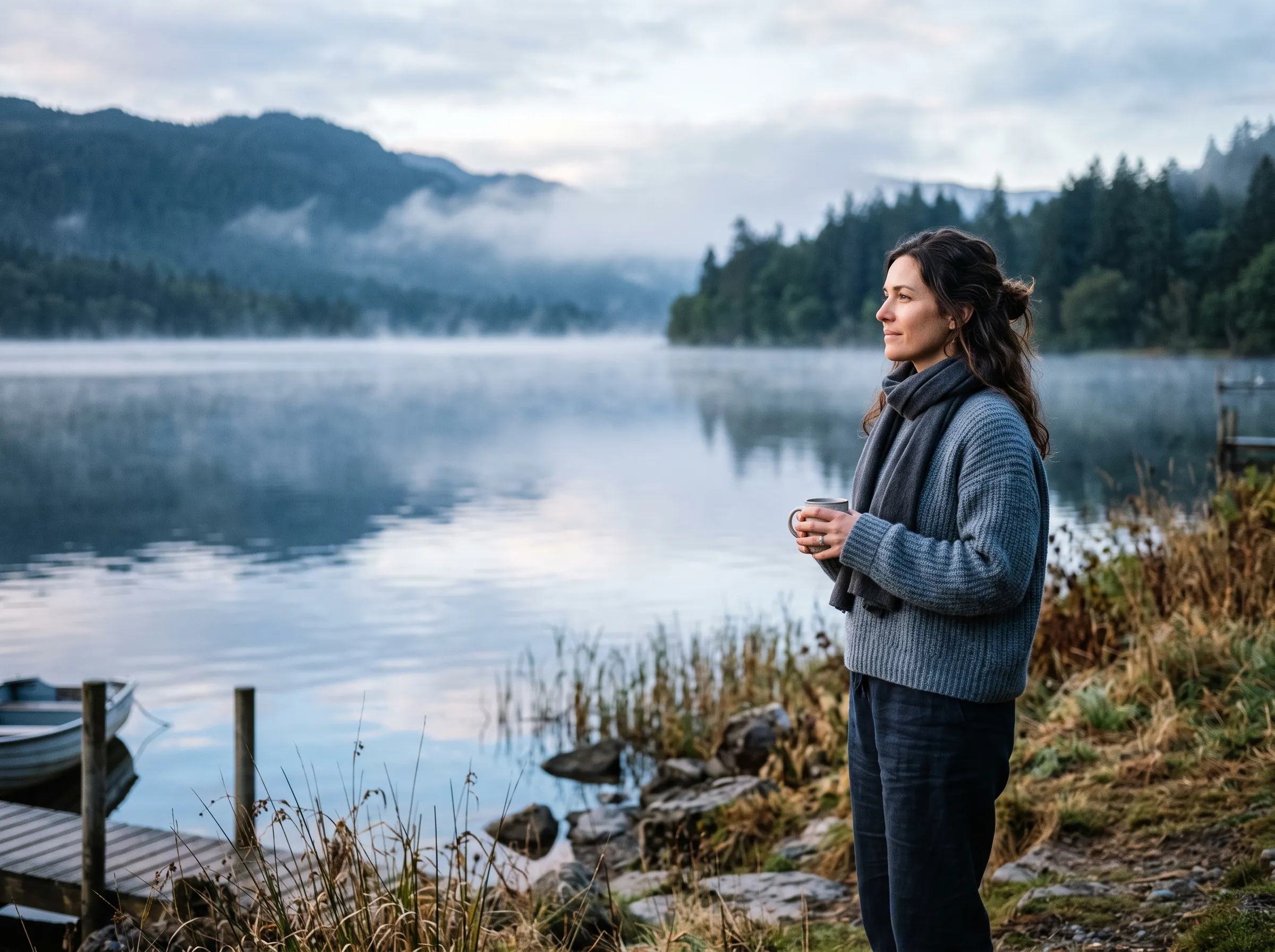 Monday-born woman standing peacefully beside a misty lake, reflecting the intuitive, sensitive, and thoughtful nature of Monday-born personalities.
