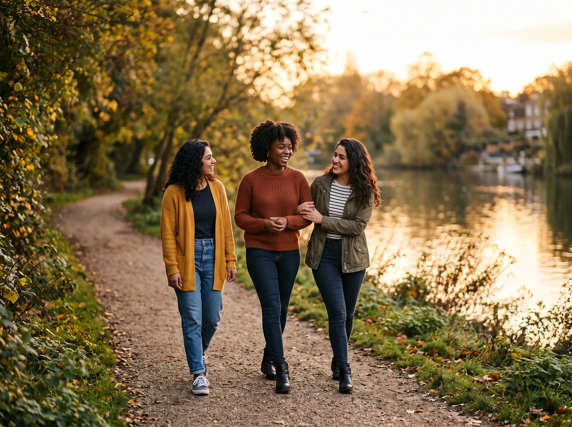 Three close friends walking beside a peaceful lake, representing the loyalty, emotional connection, and supportive relationships of Monday-born personalities.