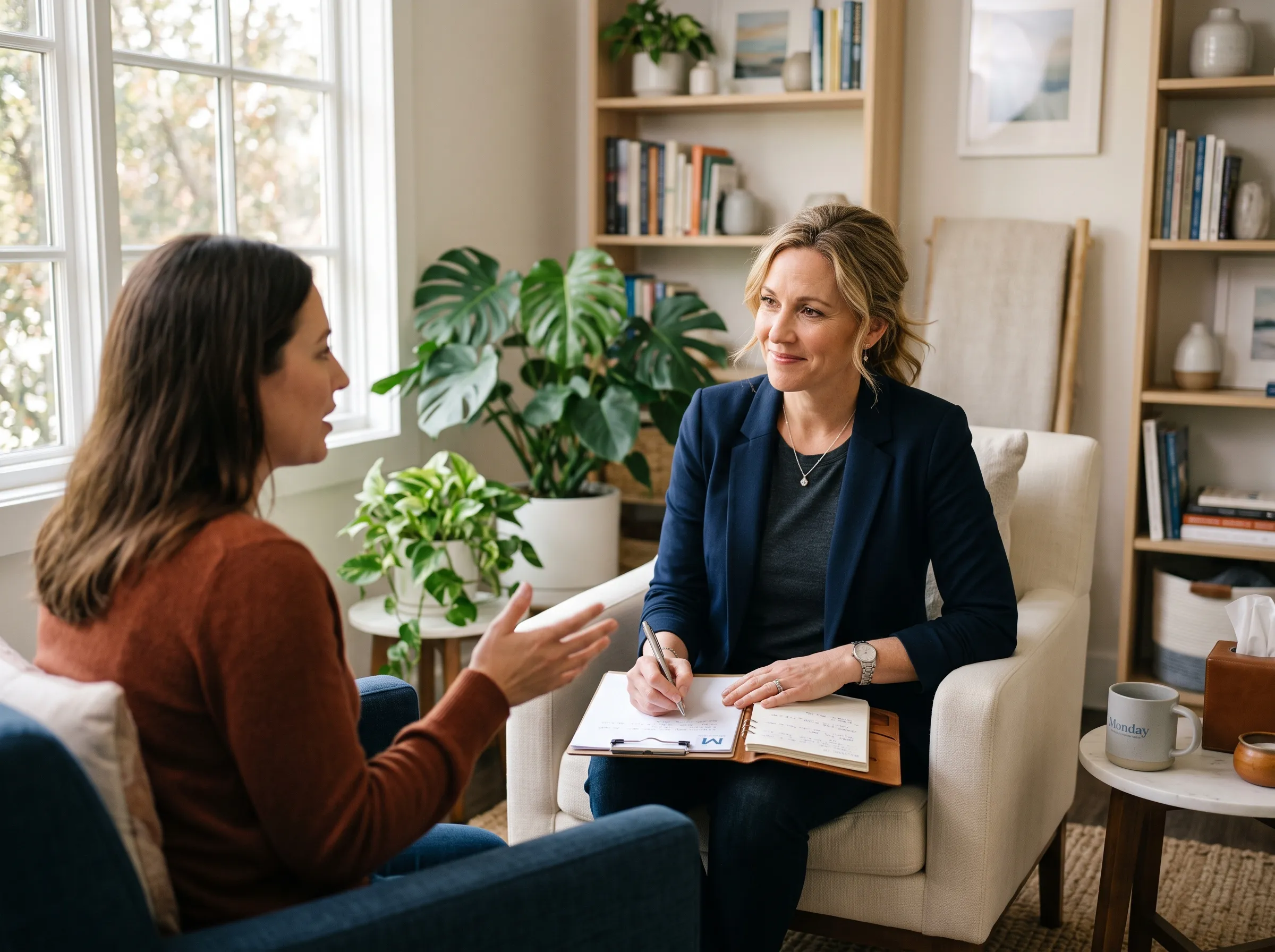 Compassionate counselor listening attentively to a woman, representing the empathy, emotional intelligence, and sensitivity of Monday-born personalities.