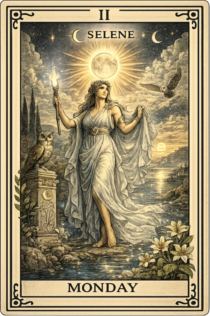 Vintage tarot-style Monday personality card featuring Selene, Greek goddess of the Moon, beneath a glowing full moon with owls, stars, lilies, and a moonlit landscape.
