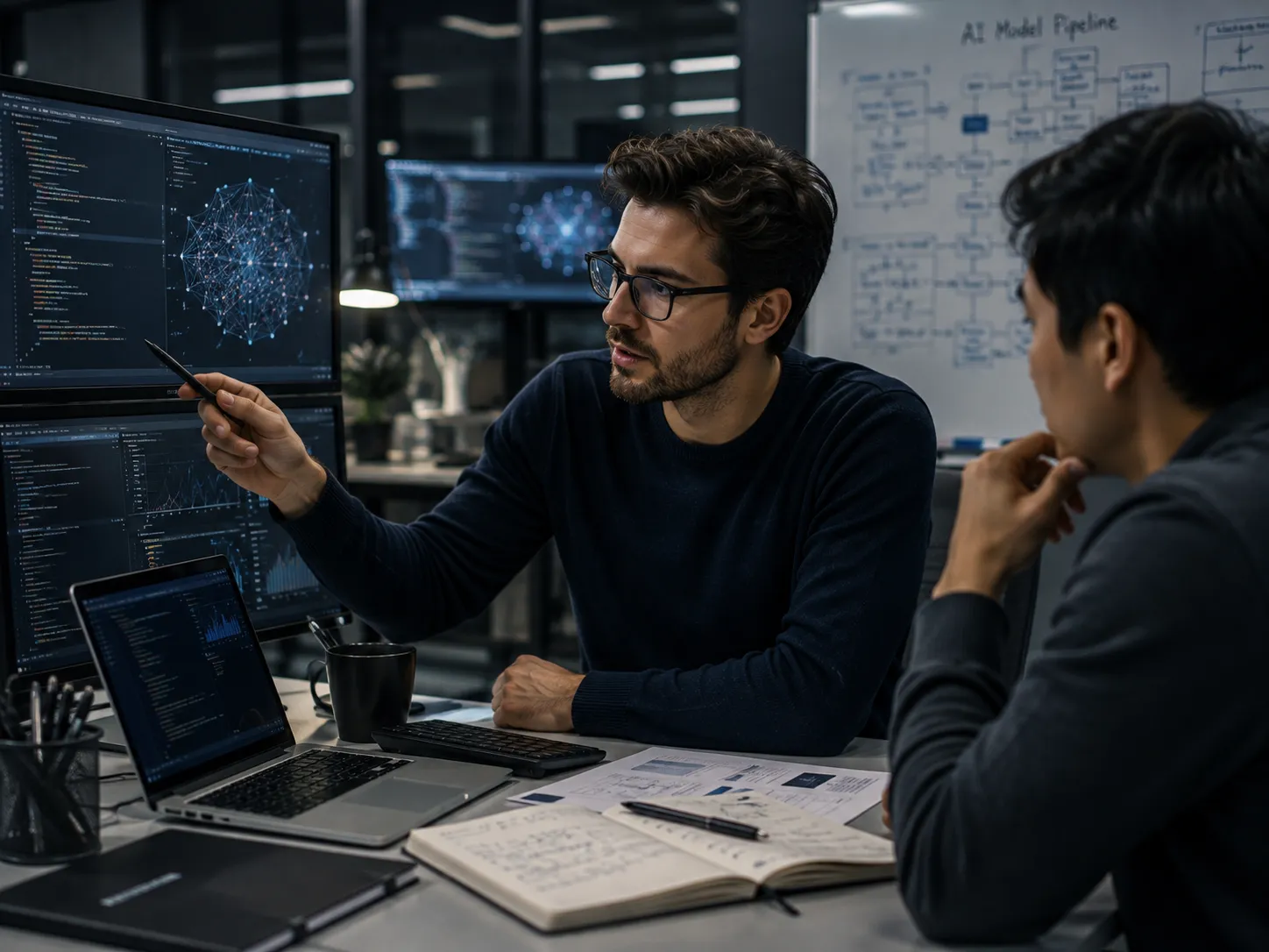 AI computer engineers analyzing code and neural network models together, representing the discipline, technical ability, persistence, and problem-solving skills of Saturday-born people.
