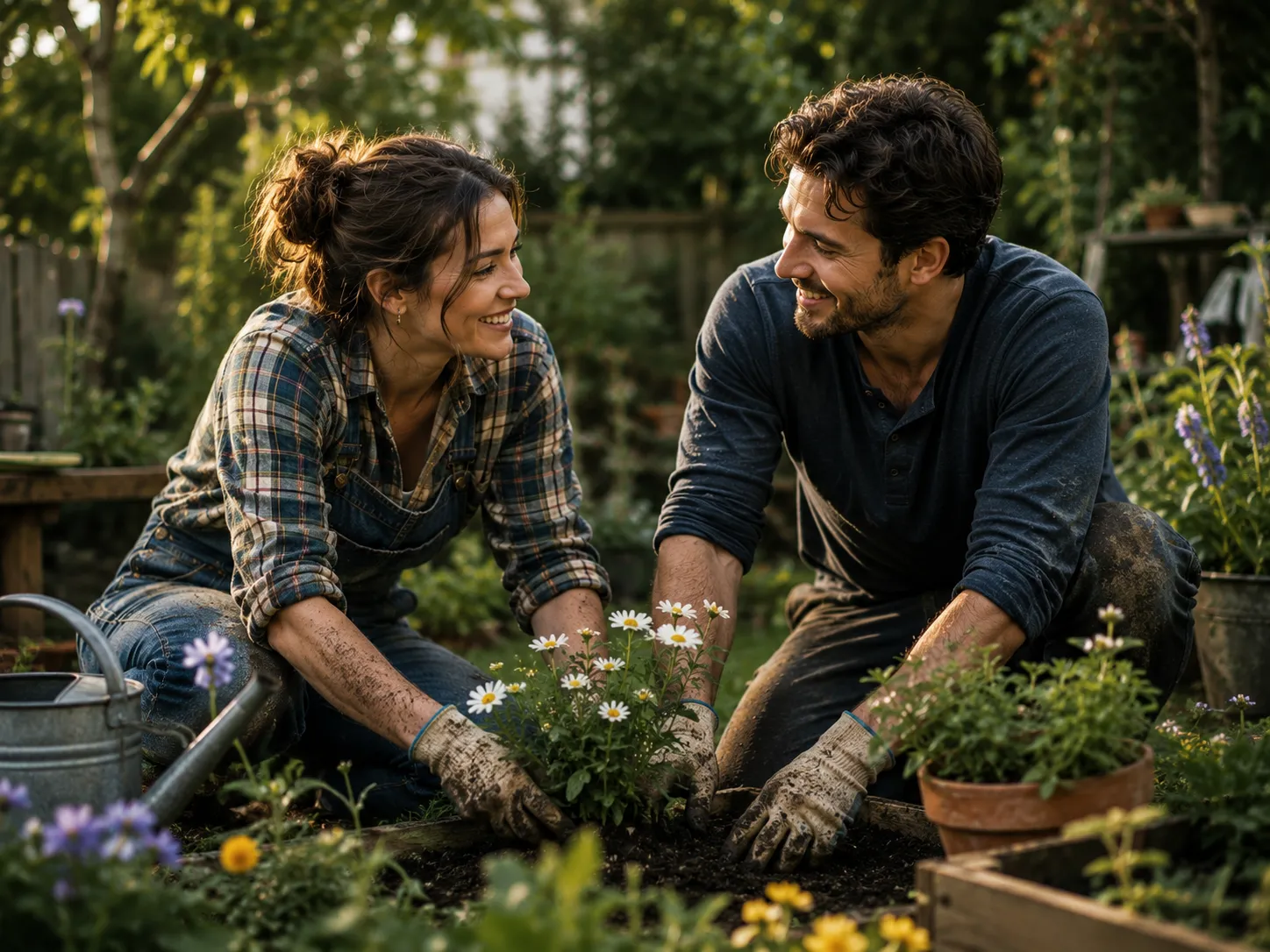Happy couple working together in a garden with muddy clothes and gloves, representing the dependable, supportive, and committed partnerships valued by Saturday-born people.