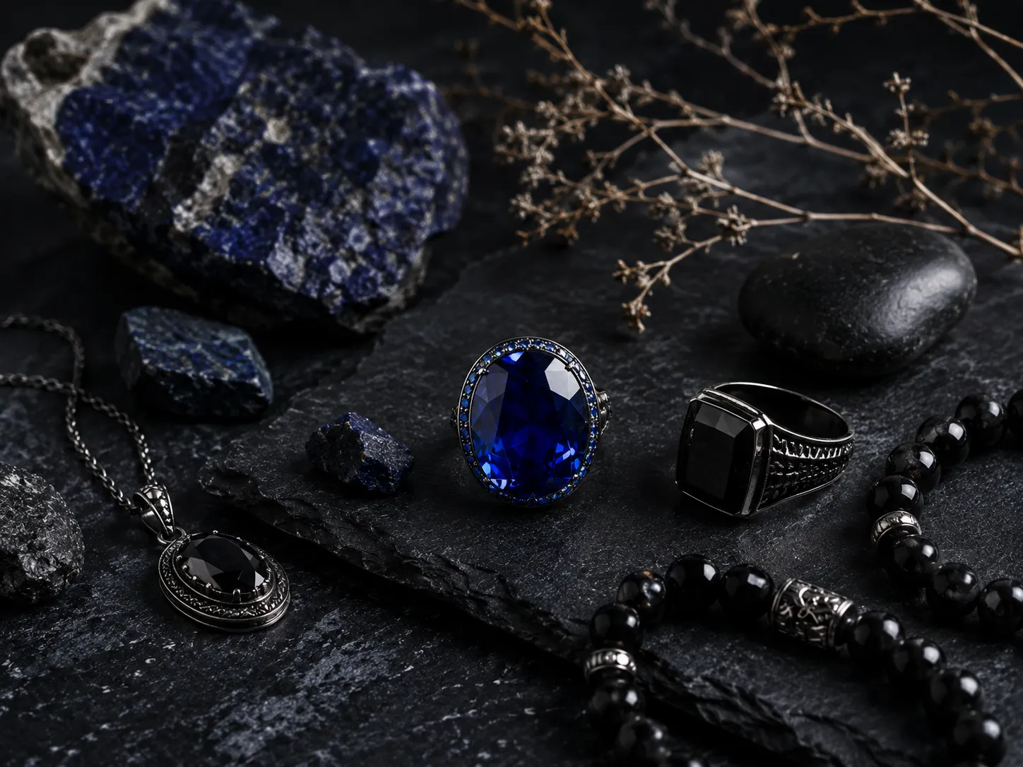 Blue and black gemstone jewelry arranged on dark stone, representing the dark blue, black, and Saturn-inspired influences associated with Saturday-born people.