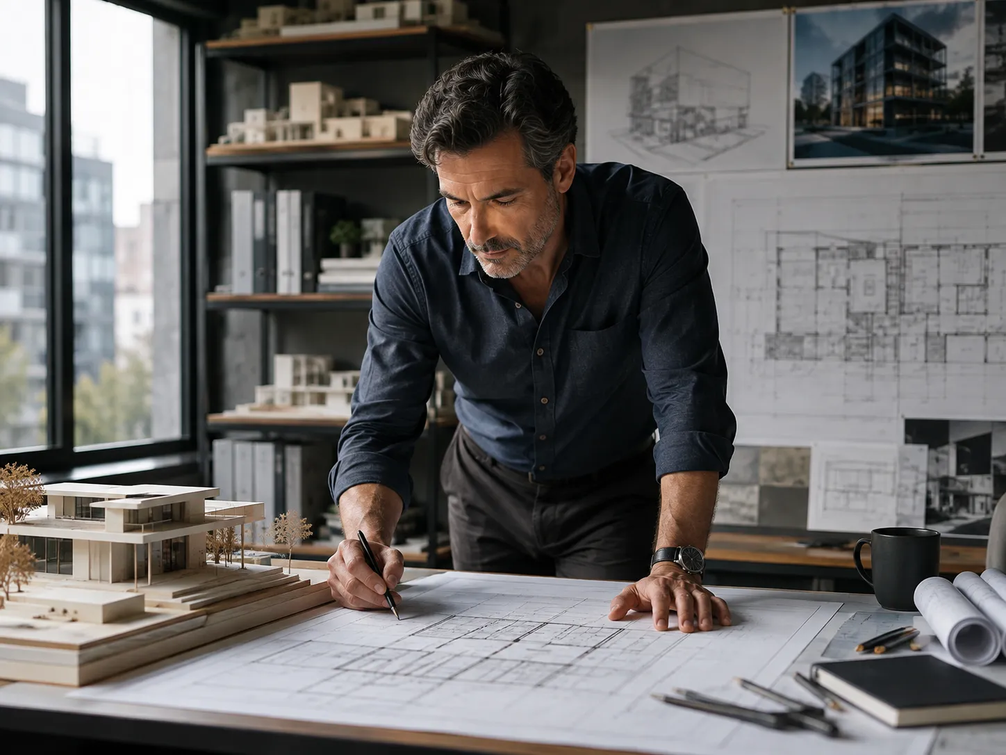 Mature architect carefully reviewing building plans and an architectural model, representing the disciplined, practical, and responsible personality of Saturday-born people.