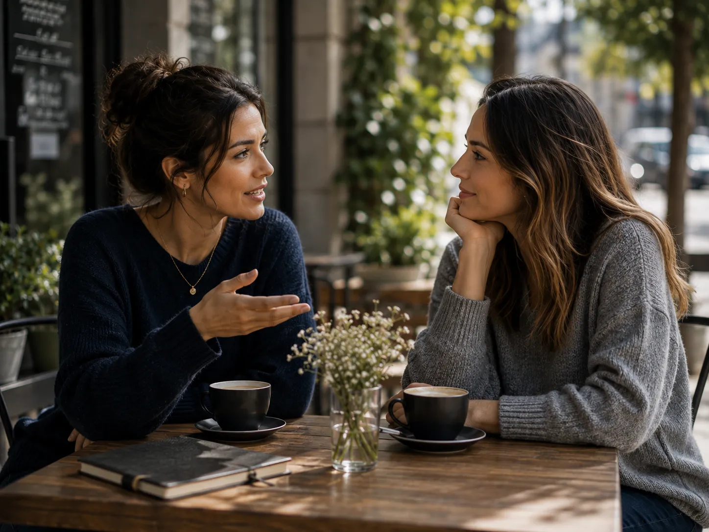 Two close female friends having a meaningful conversation at an outdoor café, representing the loyalty, trust, and deep friendships of Saturday-born people.
