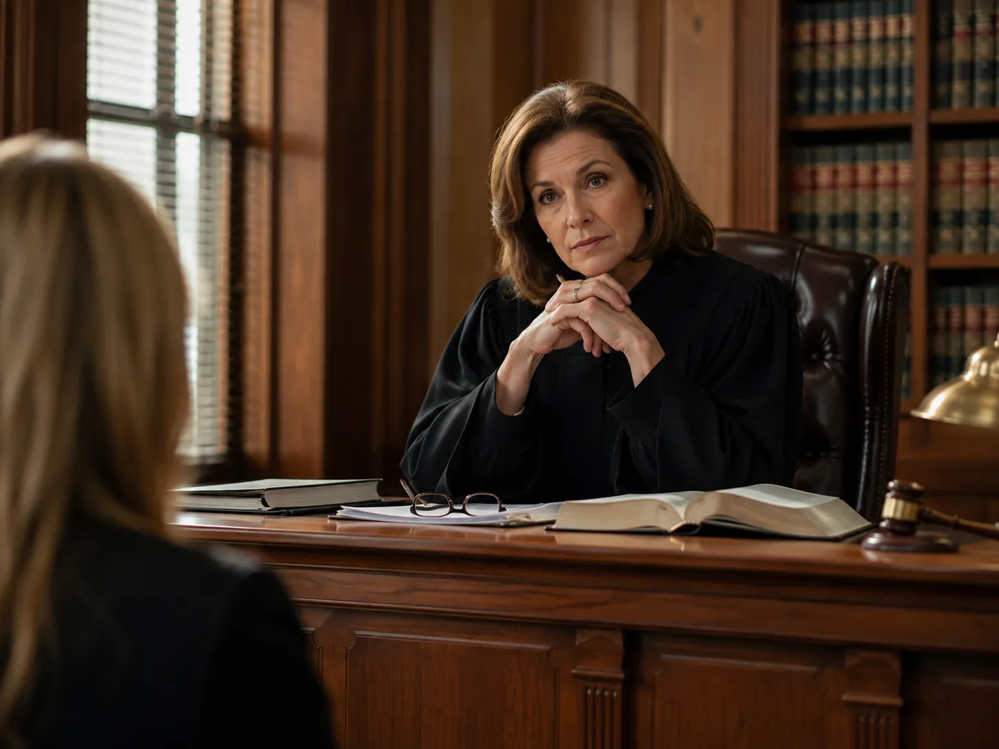 Experienced female judge listening thoughtfully in a traditional courtroom, representing the wisdom, fairness, authority, responsibility, and sound judgment of Thursday-born people.