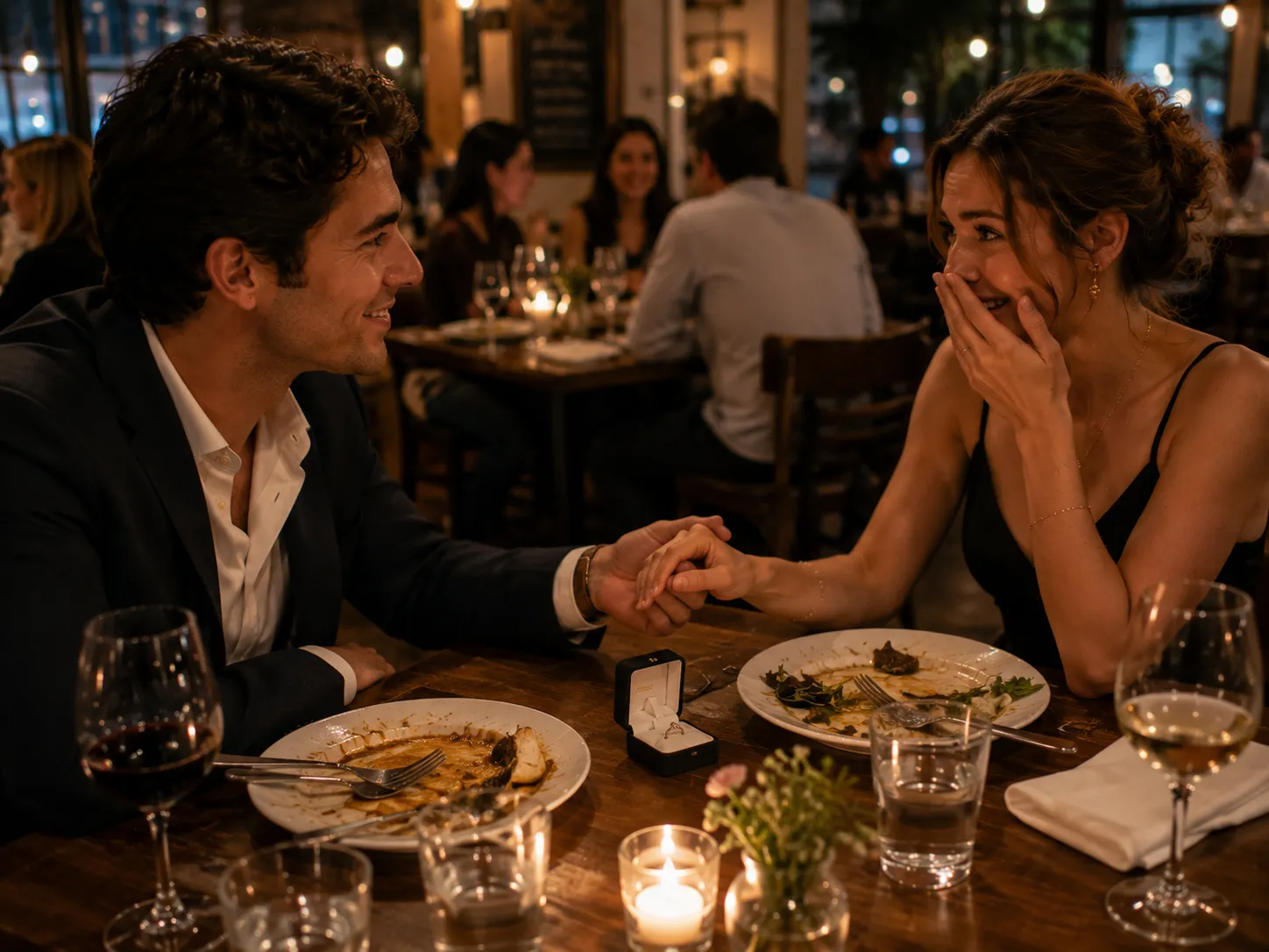 Young couple sharing an emotional marriage proposal after dinner, representing love, loyalty, commitment, stability, and meaningful partnership for Thursday-born people.