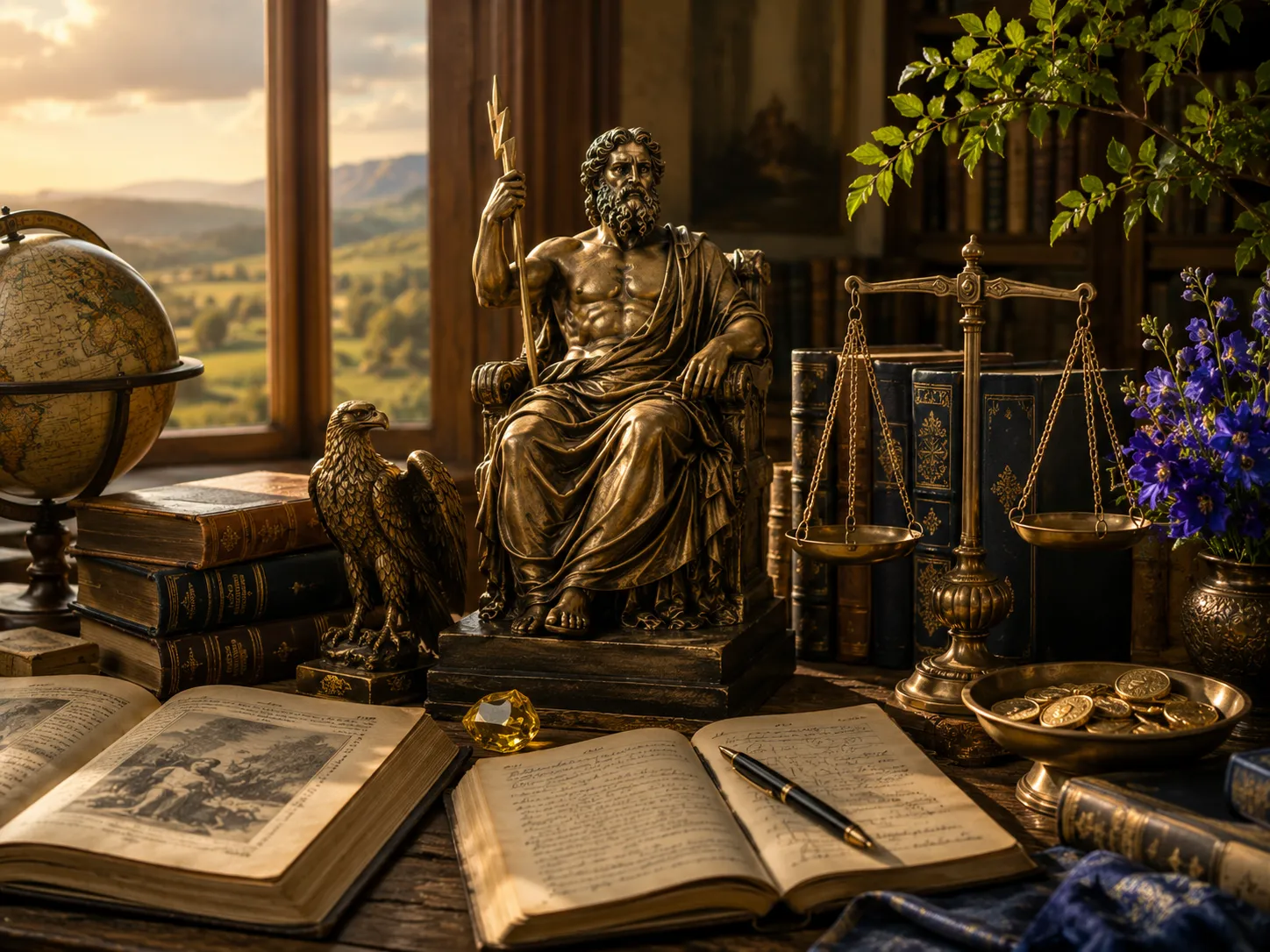Classical Jupiter statue surrounded by books, scales, globe, eagle, and scholarly objects representing the traditional lucky influences associated with Thursday-born people.