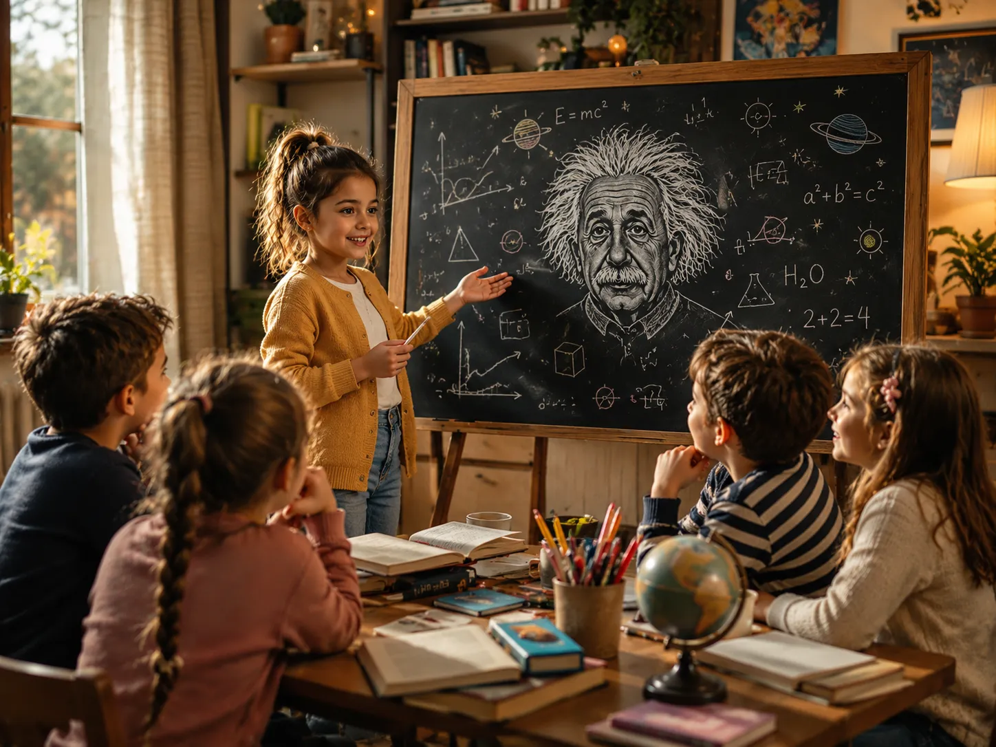 Young girl teaching her friends at home beside a chalkboard, representing the wisdom, curiosity, optimism, and love of learning of Thursday-born people.