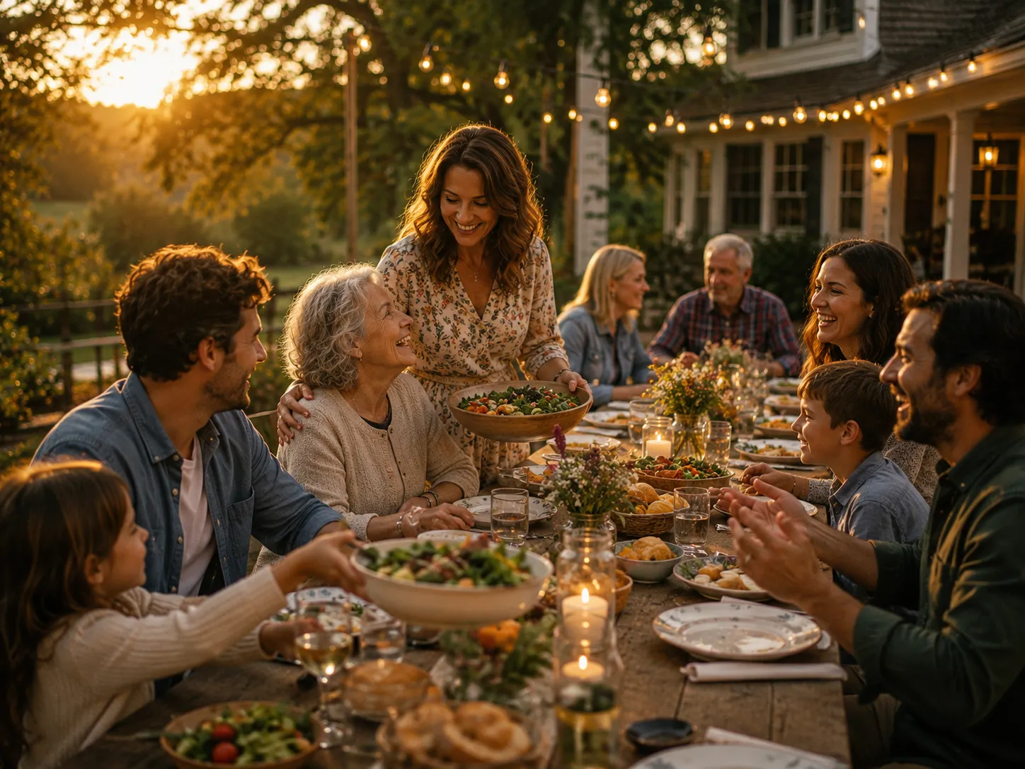 Multigenerational family and friends sharing a warm outdoor dinner, representing the generosity, loyalty, hospitality, and strong family relationships of Thursday-born people.