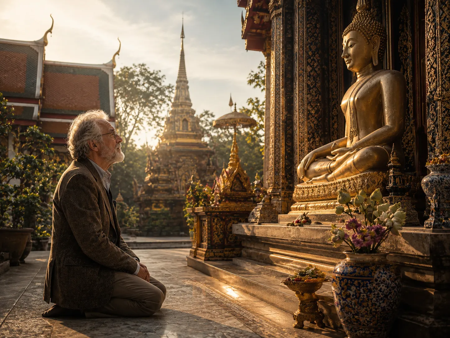 Elderly professor kneeling thoughtfully before a Buddha statue in a Thai temple, representing lifelong learning, humility, reflection, and the search for deeper wisdom.