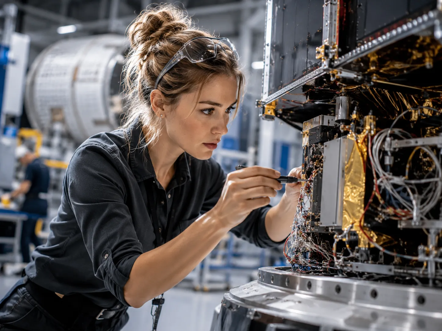 Female aerospace engineer repairing complex spacecraft equipment, representing the determination, technical confidence, persistence, and problem-solving strengths of Tuesday-born personalities.