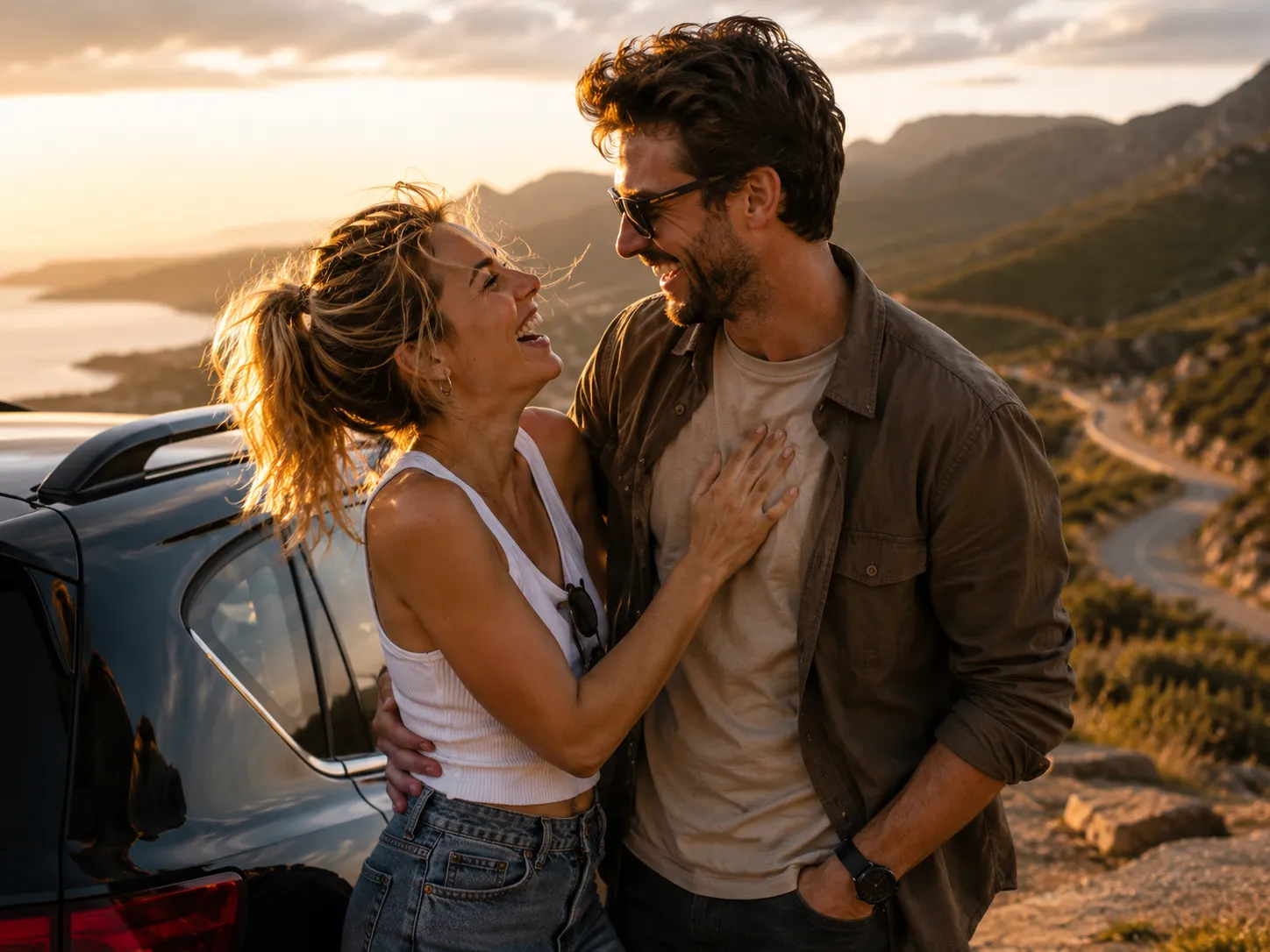 Happy young couple sharing a playful moment during a scenic road trip, representing passion, mutual respect, adventure, and romantic compatibility for Tuesday-born personalities.