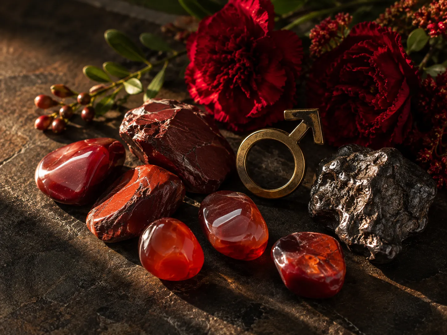 Red jasper and carnelian stones with red flowers, iron, and a Mars symbol, representing the traditional lucky influences and Mars energy associated with Tuesday-born people.