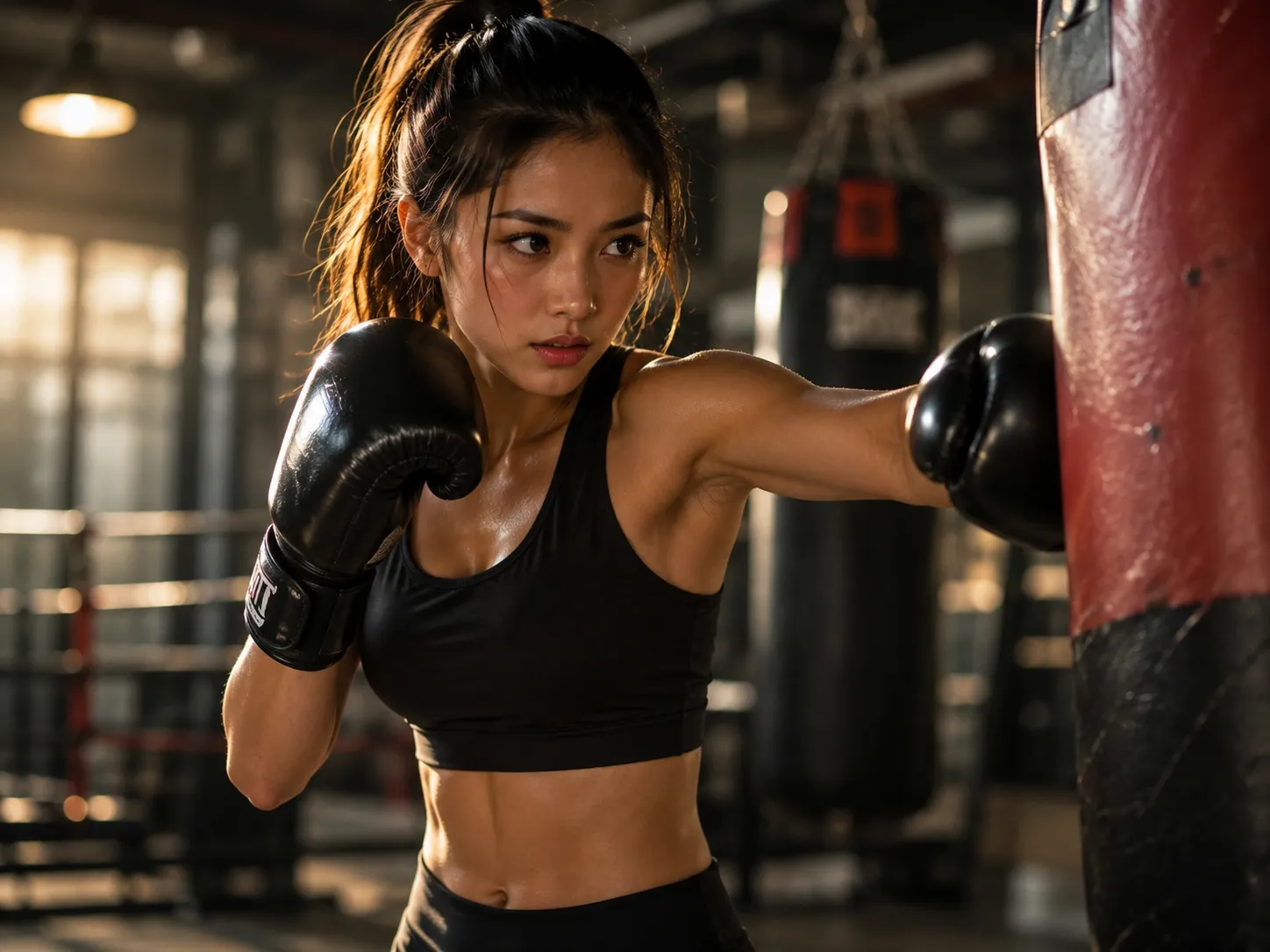 Confident young woman boxing during a gym training session, representing the courage, determination, energy, and competitive spirit of Tuesday-born personalities.