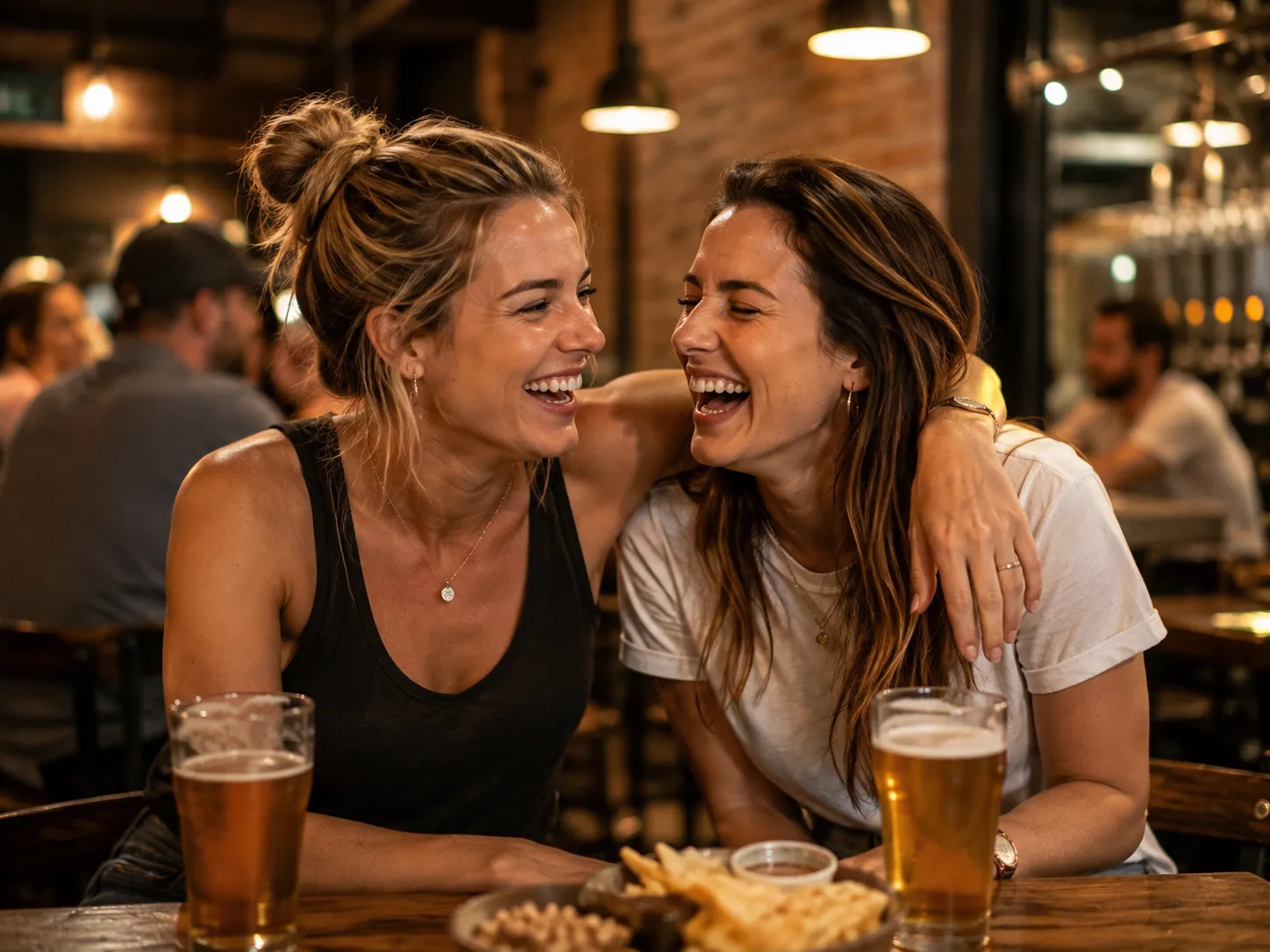 Two best female friends laughing together at a craft beer pub, representing the loyalty, passion, honesty, and playful nature of Tuesday-born personalities.