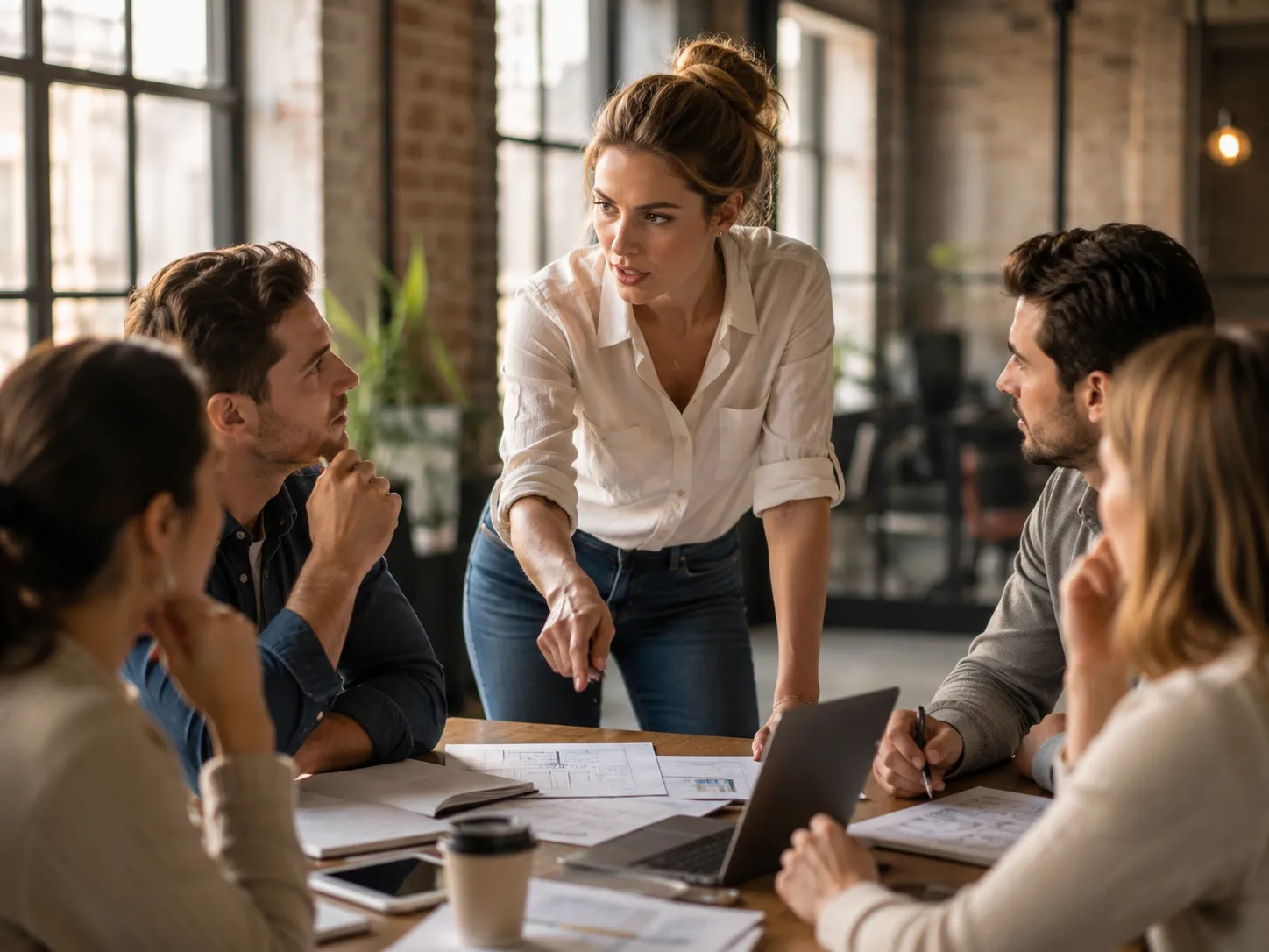 Confident young woman leading a team problem-solving session, representing the decisiveness, initiative, ambition, and strong will of Tuesday-born personalities.