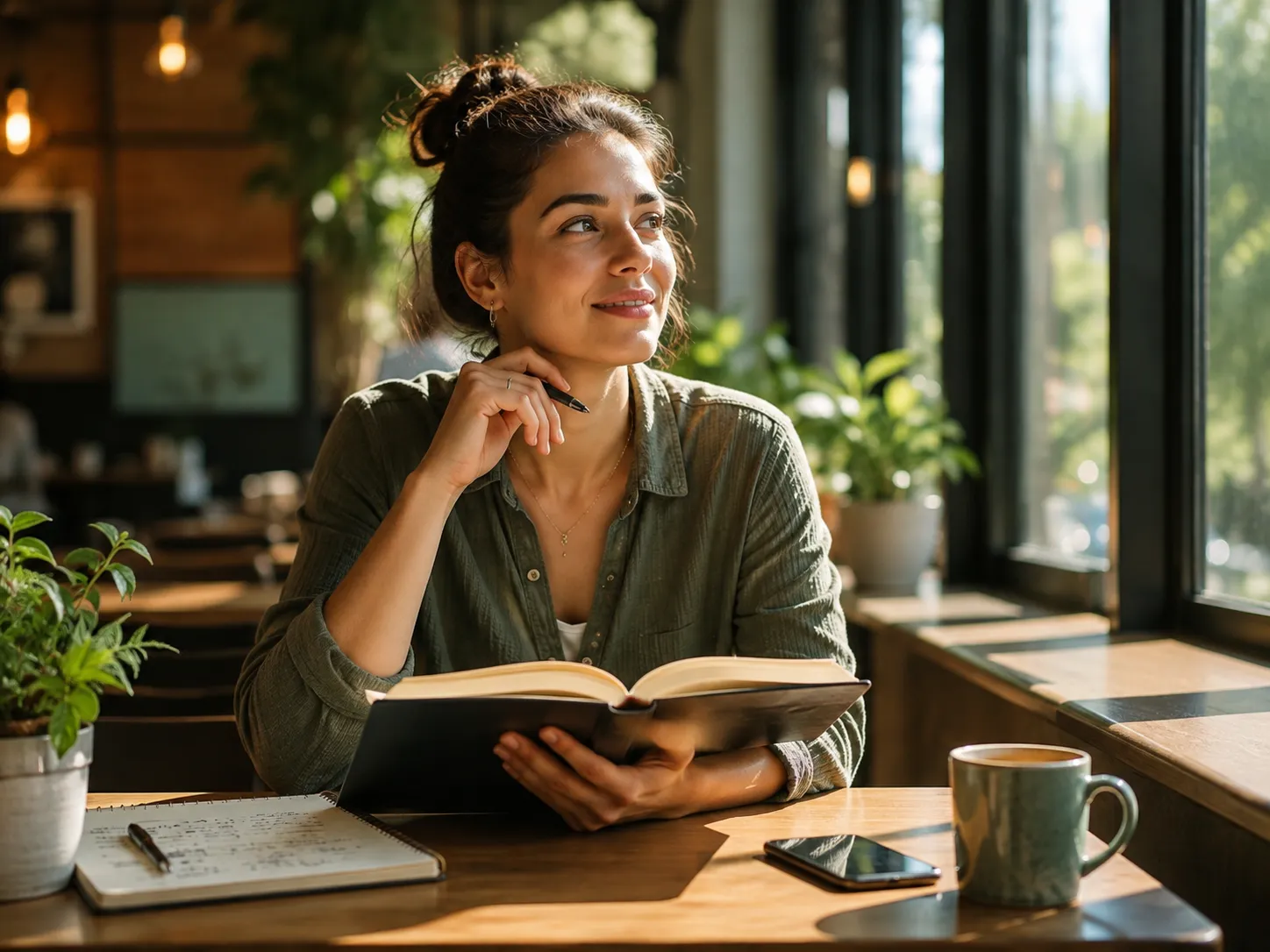 Wednesday-born woman reading in a sunlit café, reflecting curiosity, intelligence, communication, and a love of learning.