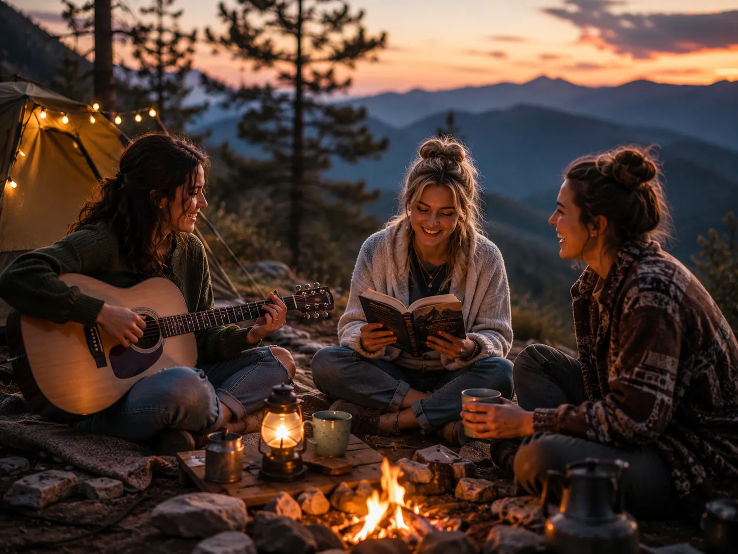 Three friends enjoying a mountain camping evening with guitar, books, and conversation, reflecting Wednesday-born friendship, curiosity, and social connection.