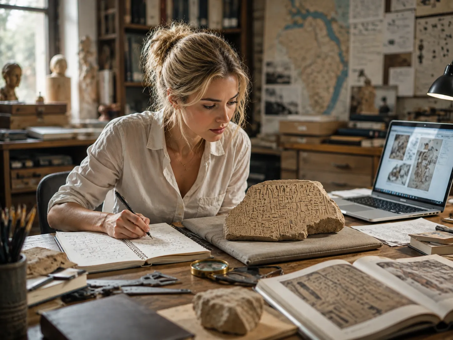 Wednesday-born researcher studying an ancient Egyptian artifact, reflecting curiosity, analytical thinking, intelligence, and attention to detail.