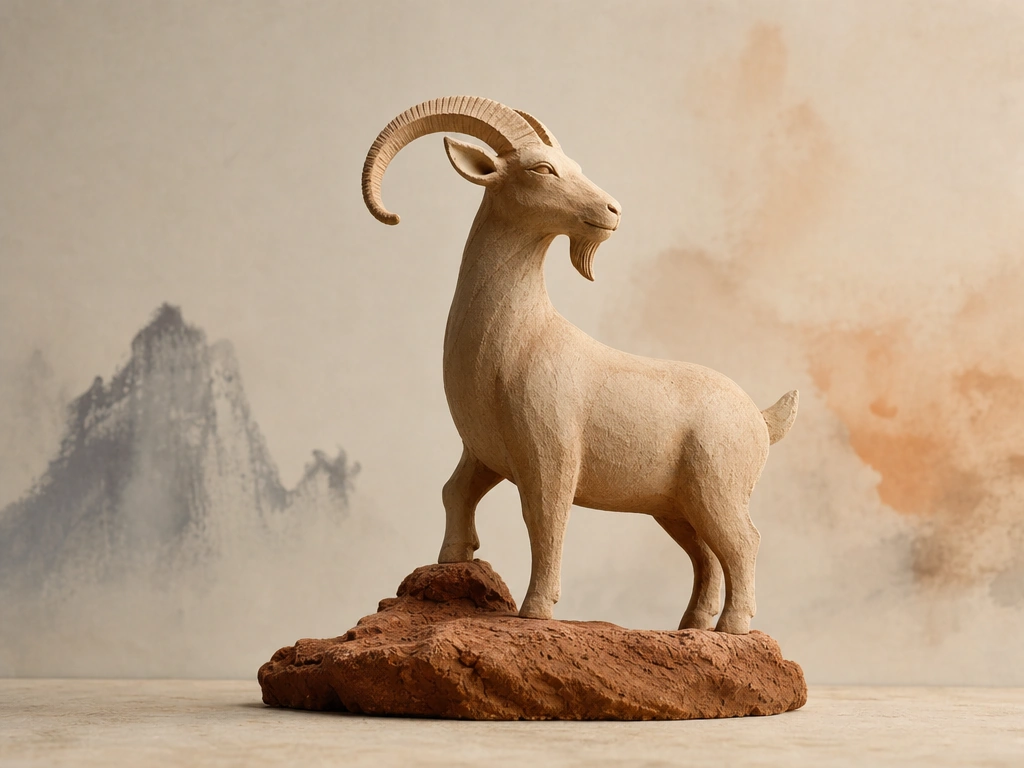 A sculpted goat stands on a warm earthen base against a softly painted mountain landscape.