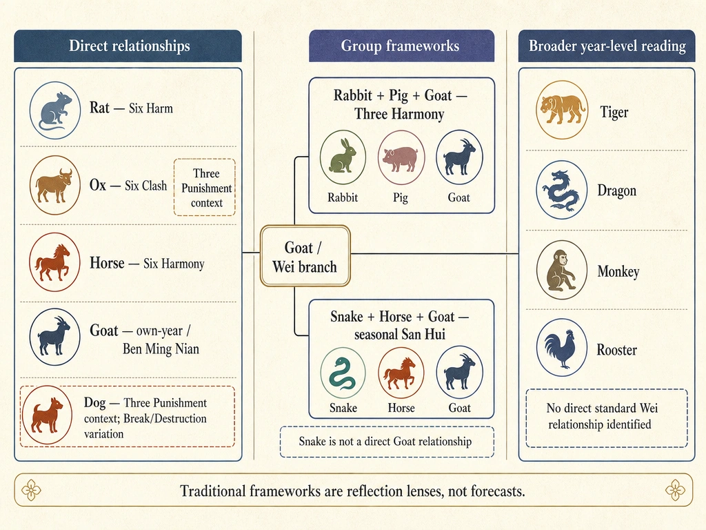 A Chinese zodiac relationship framework shows Goat-centered direct relationships, group frameworks, and broader year-level signs.
