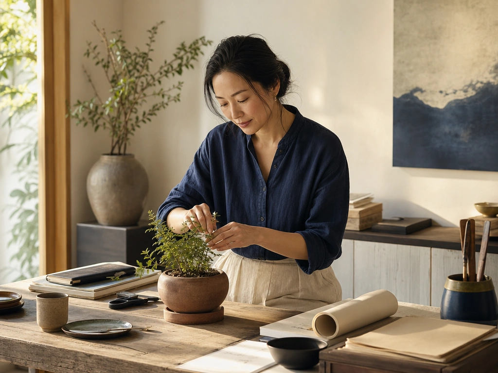 An adult woman tends a small potted plant at a calm, sunlit worktable.