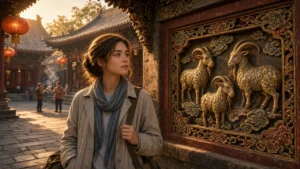 A young American visitor stands beside a three-goat heritage relief in a warmly lit Chinese temple courtyard.